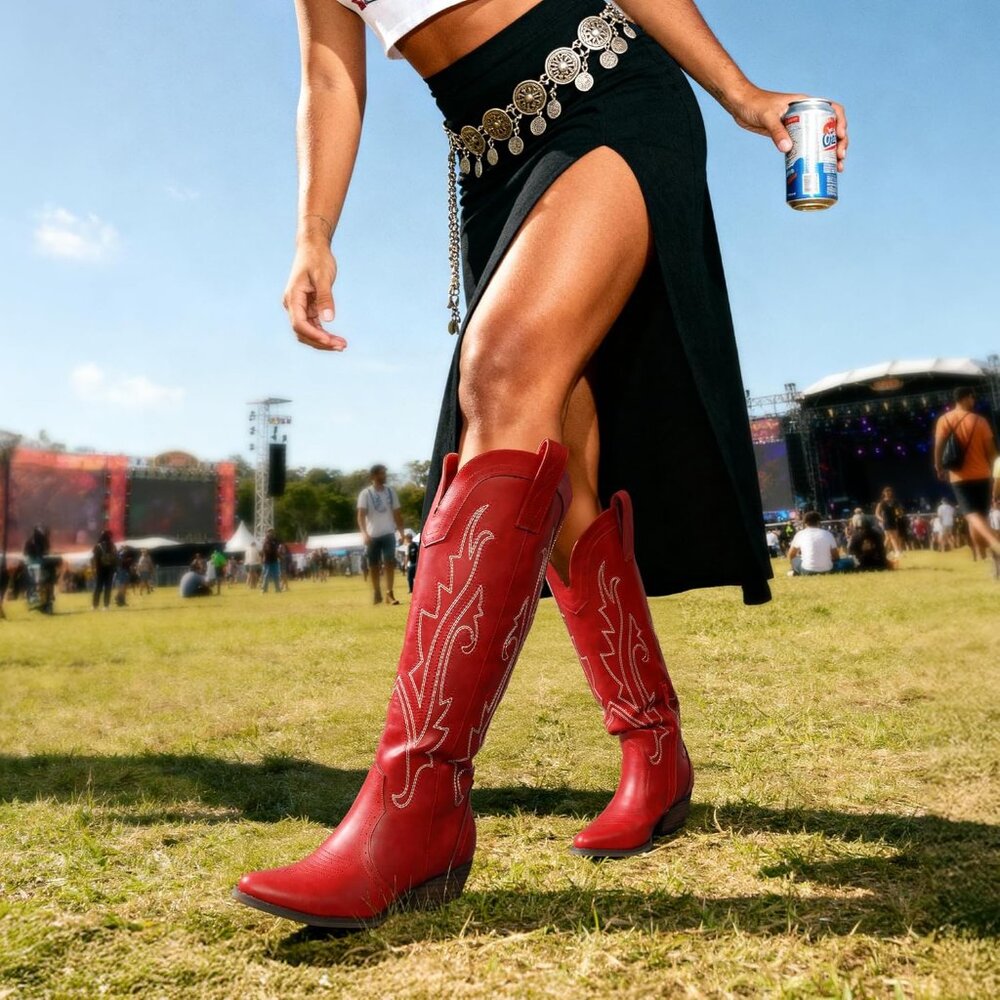 Women's Red Rubber Embroidered Cow Girl Knee High Comfortable Chunky Boots - Picture 3 of 6